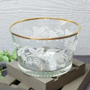 MCM Bartlett Collins Grape Leaf Etched Glass Bowl with Gold Rim
