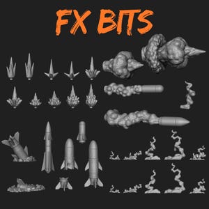 May include: A collection of 3D-rendered gray models of various special effects elements. Includes stylized smoke clouds, missile trails, explosions, and rockets. The text "FX BITS" is written in orange at the top of the image.
