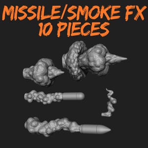 May include: A set of ten grey 3D-modelled missile and smoke effects. The text "MISSILE/SMOKE FX 10 PIECES" is displayed in orange at the top. The set includes various smoke cloud shapes and missile designs.