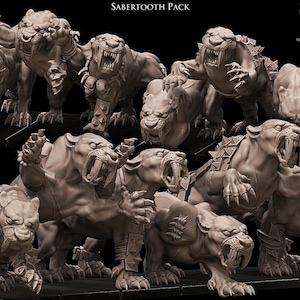Pacote de Tigres Dentes-de-Sabre Prontos para a Batalha - Miniaturas em resina impressas em 3D para jogos de guerra de fantasia - Monstros pré-históricos - Cavalaria