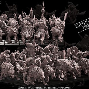 Peut inclure: Ensemble de figurines de Gobelins Chevaucheurs de Loups, prêtes pour la bataille. Les figurines sont détaillées avec des armes et des armures, montées sur des créatures ressemblant à des loups. Le texte "BATTLE-READY TROOPS" est visible. Le produit est étiqueté "Goblin Wolfriders Battle-Ready Regiment".