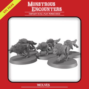 Könnte beinhalten: Graue Wolfsminiaturen auf runden Sockeln. Das Bild zeigt den Text "Monstrous Encounters Fantasy Role-Play Miniatures" und "Wolves". Die Miniaturen sind für Tabletop-Rollenspiele konzipiert.