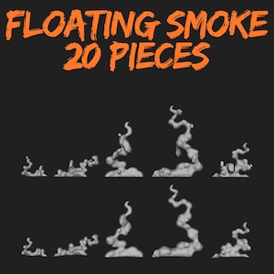 May include: A digital illustration of 20 pieces of floating smoke in various shapes and sizes. The smoke is a light grey colour against a dark grey background. The text "FLOATING SMOKE 20 PIECES" is in orange.