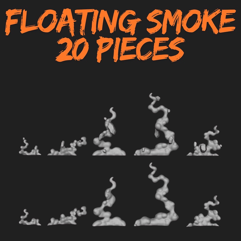 May include: A digital illustration of 20 pieces of floating smoke in various shapes and sizes. The smoke is a light grey colour against a dark grey background. The text "FLOATING SMOKE 20 PIECES" is in orange.