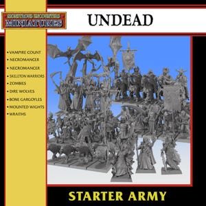 Op de afbeelding: Een verzameling grijze miniatuurfiguren met het label "Undead" van "Monstrous Encounters Miniatures". De figuren omvatten vampiers, necromancers, skeletkrijgers, zombies, dire wolves, botgargoyles, bereden wights en wraiths. De tekst "Starter Army" is ook zichtbaar.