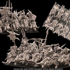 Könnte beinhalten: Eine Sammlung von Savage Orc Boar Rider Spearmen Miniaturen, kampfbereit für Tabletop-Spiele. Die Figuren sind in einer neutralen Farbe gehalten, auf Wildschweinen montiert und mit Speeren und Schilden bewaffnet. Der Text "Avatars of War" ist enthalten.