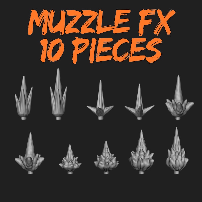 May include: Ten grey muzzle flash effects are displayed, each with a distinct design. The text "MUZZLE FX 10 PIECES" is shown in orange, brush-style lettering at the top. The effects vary in shape, from arrow-like to more complex, textured forms.