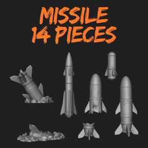 May include: A set of 14 grey missile pieces, some standing and some partially buried in rocks. The orange text reads "MISSILE 14 PIECES". The missiles feature fins and detailed designs, suitable for a model or game.