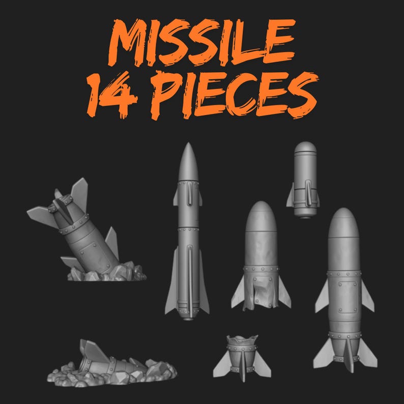 May include: A set of 14 grey missile pieces, some standing and some partially buried in rocks. The orange text reads "MISSILE 14 PIECES". The missiles feature fins and detailed designs, suitable for a model or game.