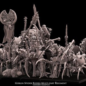 Könnte beinhalten: Monochrome Bild eines Goblin Spider Riders Multi-Part Regiments. Das Regiment zeigt mehrere Goblin-Figuren, die auf großen Spinnen reiten, mit verschiedenen Waffen und Bannern. Der Text "Goblin Spider Riders Multi-Part Regiment" ist sichtbar.