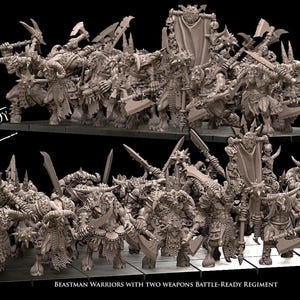 Può includere: Una collezione di miniature di guerrieri Bestia, ognuno armato con due armi, pronti per la battaglia. Le figure sono dettagliate con corna, armature e varie armi. Il testo "BATTLE-READY TROOPS" è visibile.