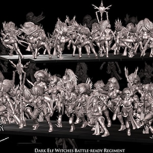 Può includere: Una collezione di miniature grigie disposte in un reggimento su una base rettangolare. Le figure presentano armature dettagliate, capelli fluenti e varie armi. Il testo sull'immagine include Avatars of War, Battle-Ready Troops e Dark Elf Witches Battle-ready Regiment.
