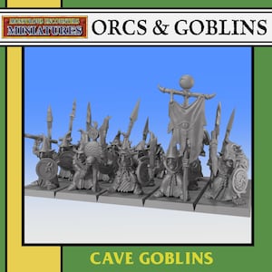 Pode incluir: Uma coleção de figuras em miniatura cinzentas de Orcs e Goblins, armados com lanças, espadas e escudos. As figuras estão em pose de batalha. O texto "ORCS & GOBLINS" e "CAVE GOBLINS" é exibido.