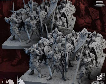 Könnte beinhalten: Ein Set grauer Miniatur-Kriegerfiguren in Rüstung, die jeweils Schild und Waffe halten, einige tragen Banner. Die Figuren sind 34 mm hoch und 30 mm mal 40 mm breit. Das Set enthält Magnetsockel und eine Doppelbasis mit anbringbarer Oberfläche.