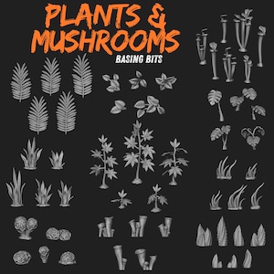 Może przedstawiać: Kolekcja miniaturowych modeli roślin i grzybów o różnych kształtach i rozmiarach, idealnych do tworzenia baz dla miniatur. Tekst "PLANTS & MUSHROOMS BASING BITS" jest wyświetlany w kolorze pomarańczowym i białym.