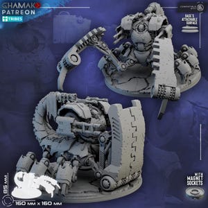 Pode incluir: Uma miniatura de resina cinza sem pintura de um andador mecânico de várias pernas com um grande escudo frontal, canhões duplos e membros articulados. O modelo possui encaixes magnéticos e mede 160 mm por 160 mm com 85 mm de altura.
