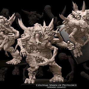 Puede incluir: Una figura miniatura de resina beige titulada Colossal Spawn of Pestilence, que muestra una criatura de múltiples extremidades con garras afiladas, una boca abierta con una lengua larga y púas en la espalda. Se muestra en tres poses.
