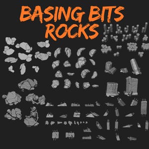 Può includere: Una collezione di rocce in miniatura grigie ed elementi di terreno per giochi da tavolo. L'immagine include rocce di varie dimensioni e forme, pilastri rotti e uno scheletro. Il testo "BASING BITS ROCKS" è visualizzato in arancione.