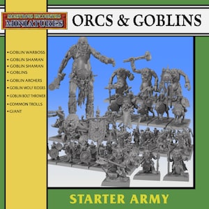Könnte beinhalten: Eine Sammlung von Miniaturfiguren von Orcs und Goblins, darunter ein Goblin-Kriegsherr, Schamanen, Bogenschützen, Wolfsreiter und ein Riese. Die Figuren sind Teil eines Starter-Armee-Sets, mit dem Text "ORCS & GOBLINS" und "MONSTROUS ENCOUNTERS MINIATURES".