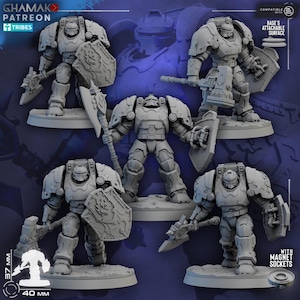 May include: A set of five grey miniature warrior figures in heavy armour, each equipped with a shield and a melee weapon like an axe or hammer. The figures stand on 40 mm circular bases and feature magnet sockets. Text includes Ghamak, Patreon, Tribes, and Compatible with One Page Rules.