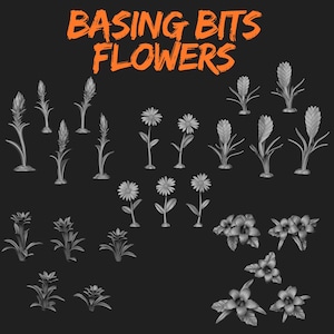 Può includere: Una collezione di modelli di fiori in miniatura in tonalità di grigio, tra cui margherite, fiori a spiga e altri disegni floreali, è esposta su uno sfondo scuro. Il testo "BASING BITS FLOWERS" è scritto in arancione nella parte superiore dell'immagine.