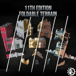 Può includere: Una collezione di pezzi di terreno pieghevole 11th Edition per giochi da tavolo, che include varie rovine architettoniche, sezioni di muro e componenti strutturali in tonalità grigie, beige, rosse e blu, con dettagli stampati.