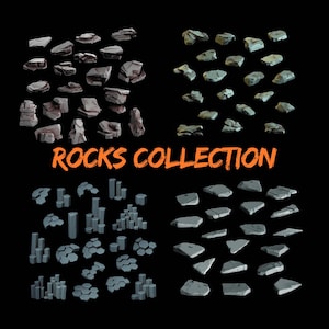 Peut inclure: Une collection de diverses formations rocheuses dans des tons de gris et de brun, disposées en quatre quadrants sur un fond noir. Le texte "ROCKS COLLECTION" est affiché en orange. Les roches varient en taille et en forme.