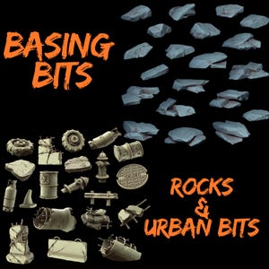May include: A collection of miniature rocks and urban-themed pieces, such as barrels, manhole covers, and fire hydrants, are shown against a black backdrop. The text "Basing Bits" and "Rocks & Urban Bits" are written in orange.