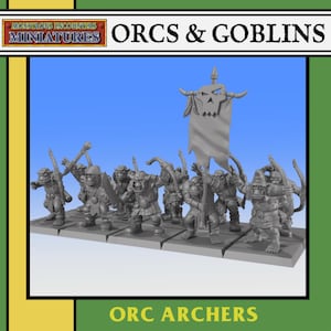 Può includere: Un gruppo di miniature grigie di arcieri Orc, parte della collezione "Orcs & Goblins". Le miniature sono su una base grigia, una delle quali tiene una bandiera. Il testo "ORC ARCHERS" è in basso.