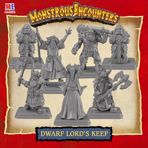 May include: A set of six grey plastic miniature figures from the Monstrous Encounters Dwarf Lord's Keep game. The collection includes armored dwarves with axes, a robed wizard with raised arms, and a large orc warrior carrying a heavy club.