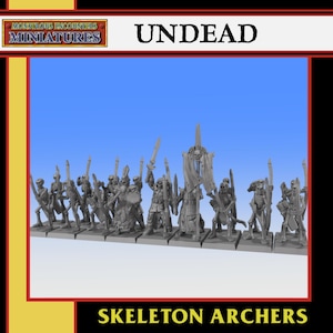 Può includere: Una collezione di miniature grigie di arcieri scheletrici, ciascuno armato di spade e archi, in piedi su basi individuali. La parola "UNDEAD" è visualizzata sopra le miniature e "SKELETON ARCHERS" sotto.