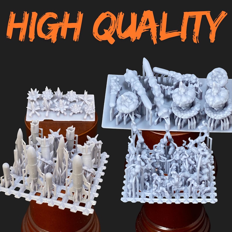 May include: Four grey plastic model kits featuring rockets, plants, and abstract shapes. The image includes the orange text "HIGH QUALITY". The models are displayed against a dark background.