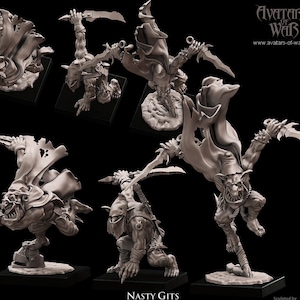 Puede incluir: Colección de figuras en miniatura sin pintar de criaturas parecidas a duendes, cada una empuñando una gran espada. Las figuras están en poses dinámicas, algunas saltando o agachadas, con capas rasgadas. El texto "Nasty Gits" es visible.