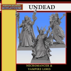 Könnte beinhalten: Graue Miniaturfiguren von untoten Charakteren, darunter ein Nekromant und ein Vampirfürst. Die Figuren sind detailliert gestaltet, mit fließenden Roben und Schädelmotiven. Der Text "Undead" und "Necromancer & Vampire Lord" ist zu sehen.