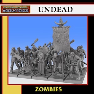 Puede incluir: Un grupo de miniaturas de zombis grises, algunos con armas, avanza. Se alza una pancarta con una calavera y cuernos. La palabra "UNDEAD" está encima de las figuras, y "ZOMBIES" debajo. Las miniaturas son de "Monstrous Encounters Miniatures."