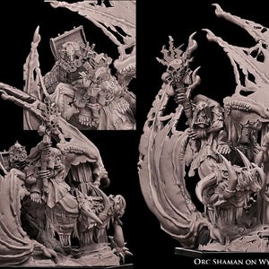 Puede incluir: Una figura miniatura de resina gris titulada Orc Shaman on Wyvern de Avatars of War. La figura representa a un chamán orco sosteniendo un bastón con una calavera, montado sobre un gran wyvern con alas desgarradas. El texto incluye Avatars of War.