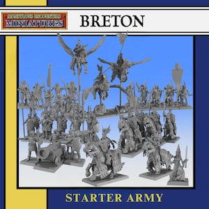 Könnte beinhalten: Eine Sammlung grauer Kunststoff-Miniaturfiguren mit der Aufschrift Monstrous Encounters Miniatures Breton Starter Army. Das Set enthält berittene Ritter auf geflügelten Pferden, Infanteriesoldaten mit Schilden und Speeren, eine Kanone und eine Figur mit einem Schwert.