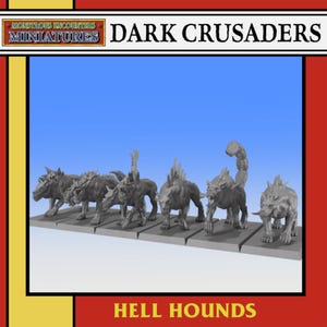 Może przedstawiać: Kolekcja szarych miniatur Hell Hounds, część serii Dark Crusaders. Każda istota ma unikalny design, z rogami, kolcami i ogonami podobnymi do skorpionów. Miniatury są prezentowane na prostokątnej podstawie.