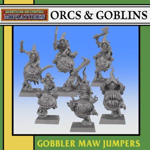 Può includere: Una collezione di miniature grigie di Orchi e Goblin. Le figure sono in varie pose, alcune con armi. Il testo "ORCS & GOBLINS" e "GOBBLER MAW JUMPERS" è visibile.