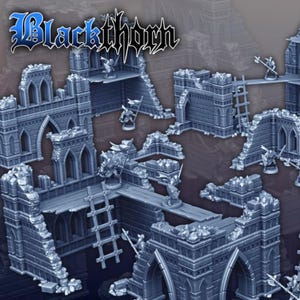Könnte beinhalten: Ein detailliertes, graues Miniatur-Burg-Set mit dem Text "Blackthorn". Das Set enthält verschiedene Burgstrukturen, Brücken, Leitern und Miniaturfiguren, die eine Fantasy-Tabletop-Spielumgebung schaffen.