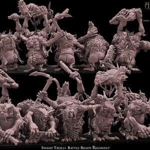 Pode incluir: Uma coleção de figuras em miniatura castanhas monocromáticas não pintadas que retratam trolls do pântano em várias poses de combate, segurando armas e rochas. O texto Avatars of War e Swamp Trolls Battle-Ready Regiment é visível.