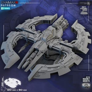 May include: A gray 3D printed sci-fi starship miniature featuring a central cockpit with a clear canopy, flanked by two large circular wing structures with intricate geometric engravings. The model includes magnet sockets and measures 120 mm by 90 mm.