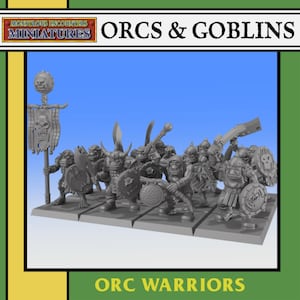 Op de afbeelding: Een verzameling grijze Orc-krijger miniaturen. De miniaturen staan op individuele bases en zijn bewapend met diverse wapens, waaronder zwaarden, bijlen en schilden. De banner leest "ORCS & GOBLINS" en "ORC WARRIORS".