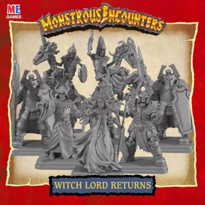 Peut inclure: Un ensemble de figurines grises du jeu "Monstrous Encounters", comprenant des guerriers squelettes, un seigneur sorcier et des figurines montées. Le texte "Witch Lord Returns" est affiché sur un fond rouge.