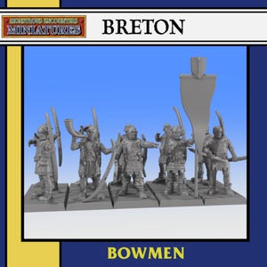 Op de afbeelding: Miniatuurfiguren van Bretonse boogschutters, een groep gedetailleerde figuren met bogen, pijlen en harnassen. De figuren staan op een grijze basis, met het woord "BRETON" erboven en "BOWMEN" eronder. De miniaturen zijn van "Monstrous Encounters Miniatures."