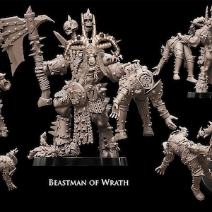 Op de afbeelding: Een verzameling gedetailleerde, onbeschilderde miniatuurfiguren van de Beastman of Wrath, een fantasiekarakter. De figuren staan in verschillende actieposes, zwaaiend met bijlen en andere wapens. De figuren staan op een zwarte achtergrond. De tekst "BEASTMAN OF WRATH" is zichtbaar.