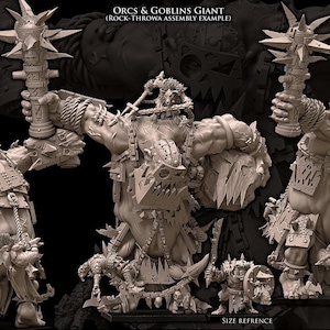 Op de afbeelding: Een gedetailleerde afbeelding van Orcs & Goblins Giant figuren, een voorbeeld van een rotswerper assemblage. De figuren zijn in een neutrale kleur, met ingewikkelde details. De afbeelding bevat de tekst "ORCS & GOBLINS GIANT" en "SIZE REFRENCE".