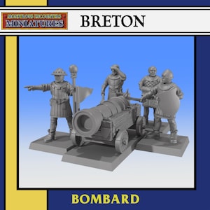 Könnte beinhalten: Miniaturfiguren von bretonischen Soldaten mit einer Kanone. Die Figuren befinden sich in verschiedenen Posen, eine zeigt mit dem Finger, andere beobachten. Das Wort "BRETON" steht oben und "BOMBARD" unten. Die Figuren stehen auf einer grauen Basis.