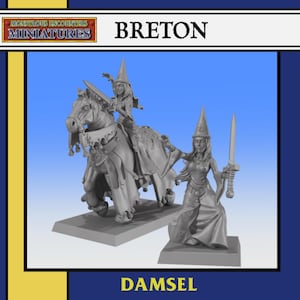 Può includere: Un set di miniature grigie raffigurante una damigella bretone a cavallo e una damigella in piedi con una spada. Il set include il testo "BRETON" e "DAMSEL" su sfondo blu. Le miniature fanno parte della collezione "Monstrous Encounters Miniatures".