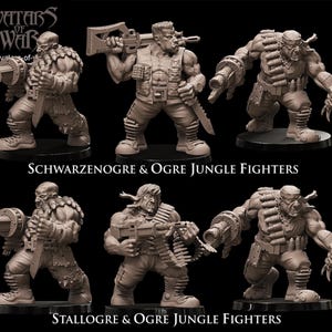 Può includere: Un set di sei miniature non dipinte raffiguranti guerrieri orchi muscolosi in tenuta da combattimento. Le figure sono disposte su due file, ognuna con varie armi come fucili e coltelli. Il testo recita Avatars of War, Schwarzenogre & Ogre Jungle Fighters e Stallogre & Ogre Jungle Fighters.